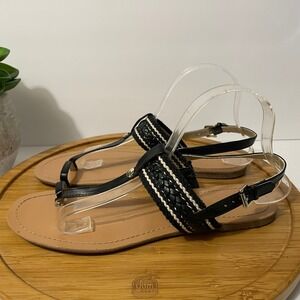 Tommy‎ Hilfiger Black Slingback Sandals Braided Detail T-Strap Flats Size 10
